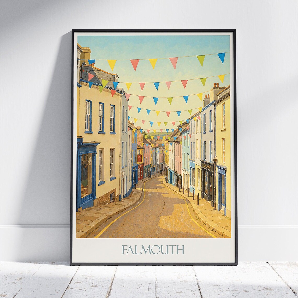 Falmouth Cornwall Festive Bunting Old Town Street Travel Poster