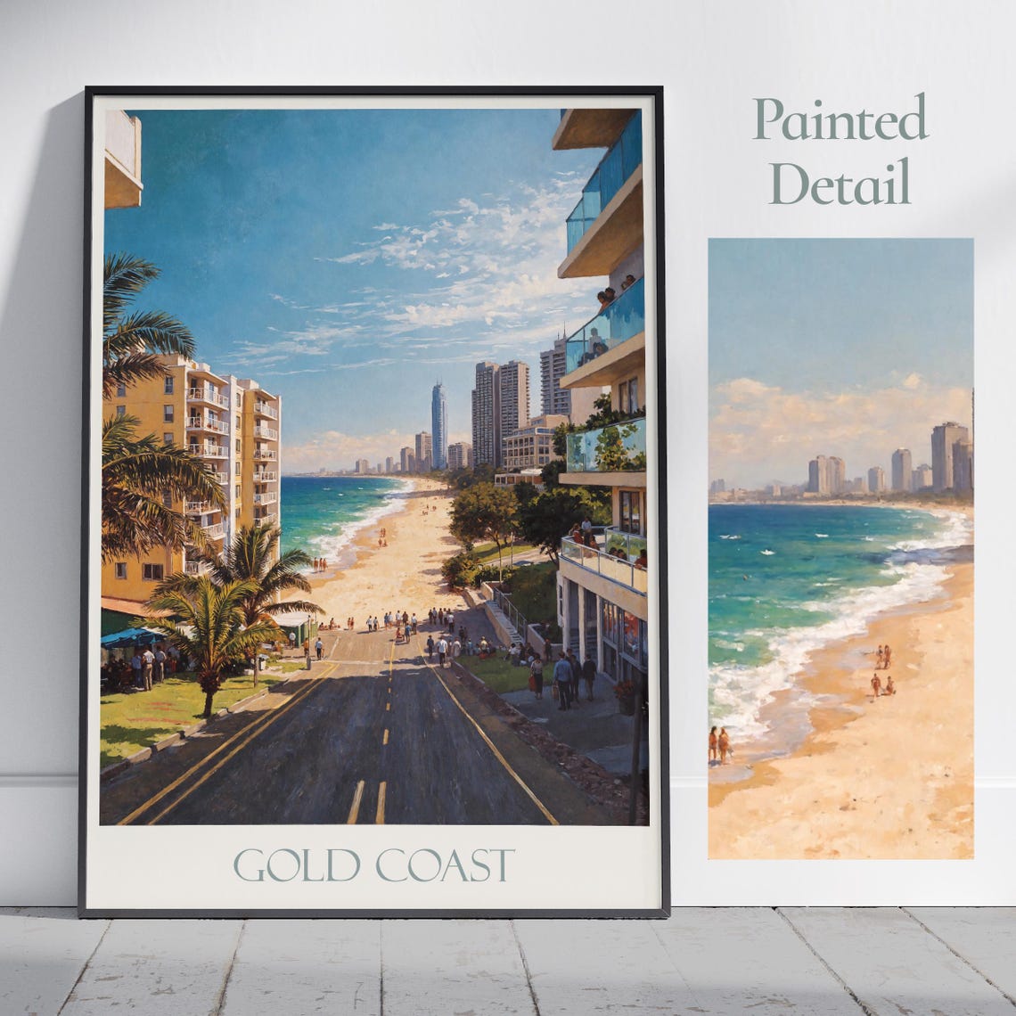 Gold Coast Australia Beachfront Towers Palms Painted Travel Poster