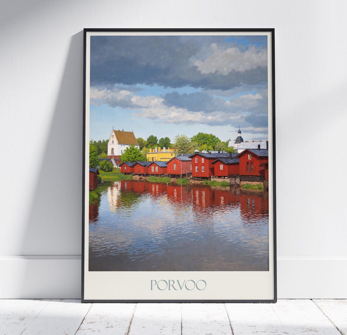 Porvoo Finland Red Riverside Warehouses Painted Travel Poster