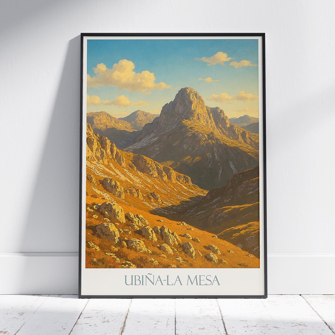 Ubina La Mesa Golden Mountain Peaks Vintage Spain Travel Poster