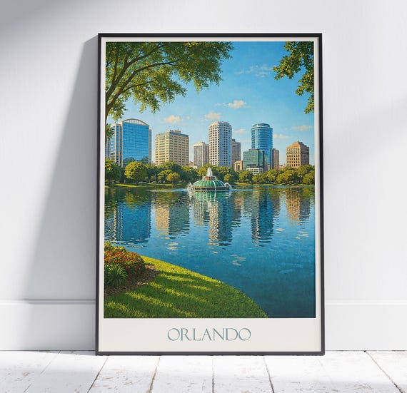 Orlando Florida Lake Eola Fountain Travel Poster Downtown Skyline Art Print Central City Wall Decor