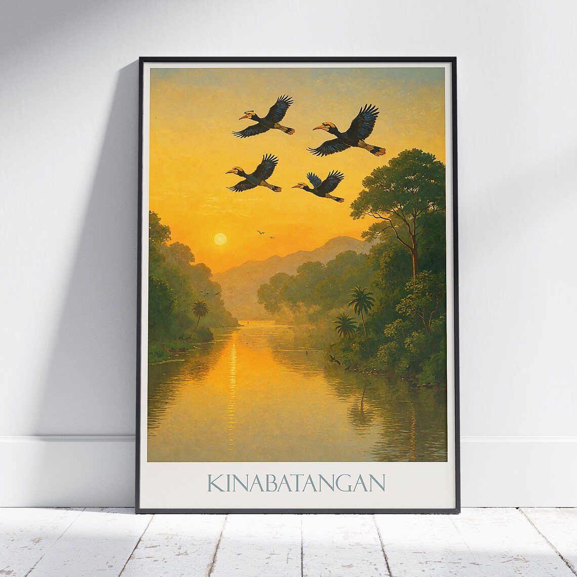 Kinabatangan River Malaysia Hornbills Sunset Wildlife Travel Poster