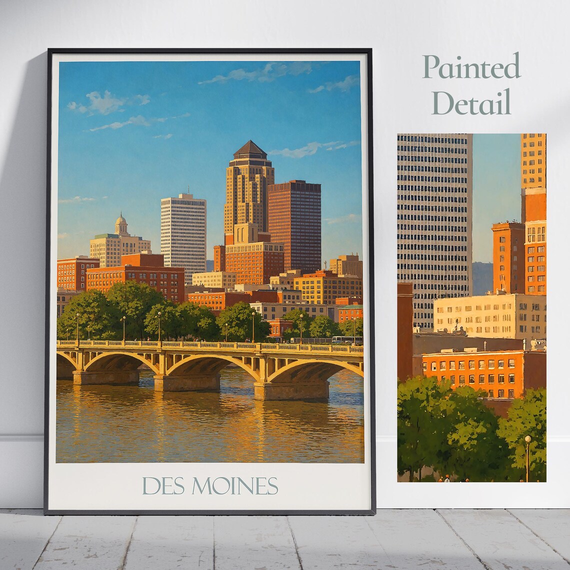 Des Moines Iowa Skyline River Bridge City Sunset Travel Poster