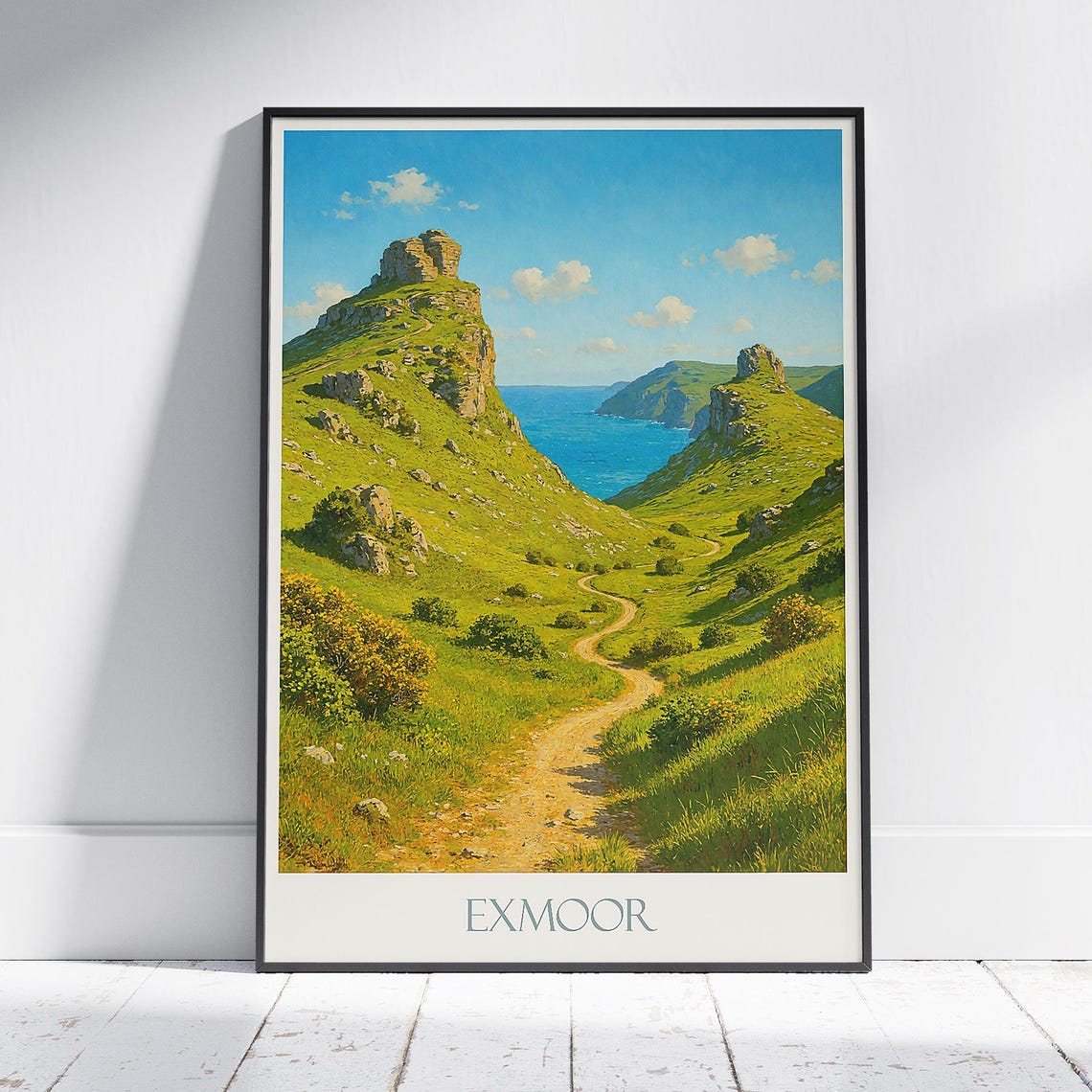 Exmoor England Valley of Rocks Coastal Cliffs Green Path Travel Poster