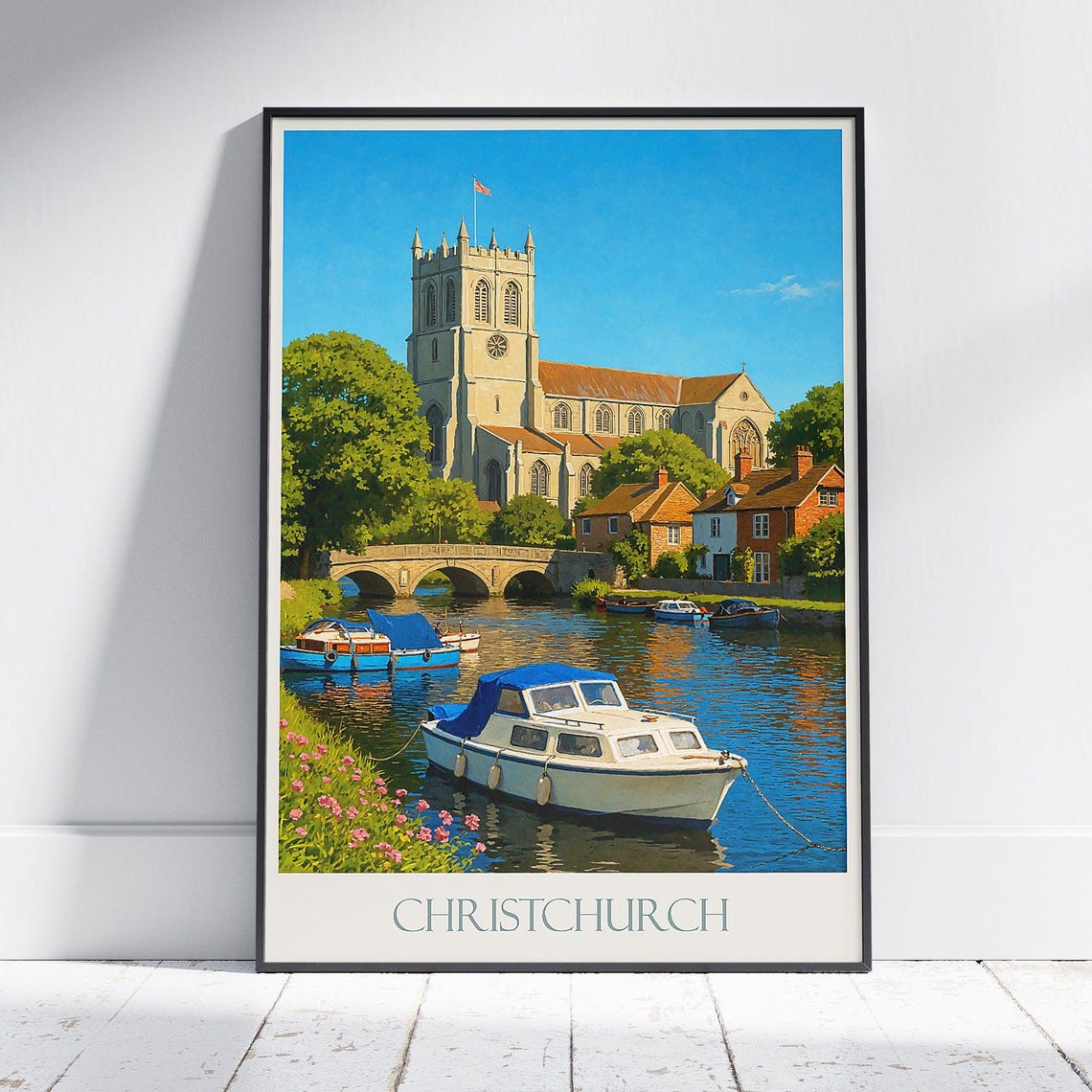 Christchurch Dorset Priory River Boats Stone Bridge Travel Poster