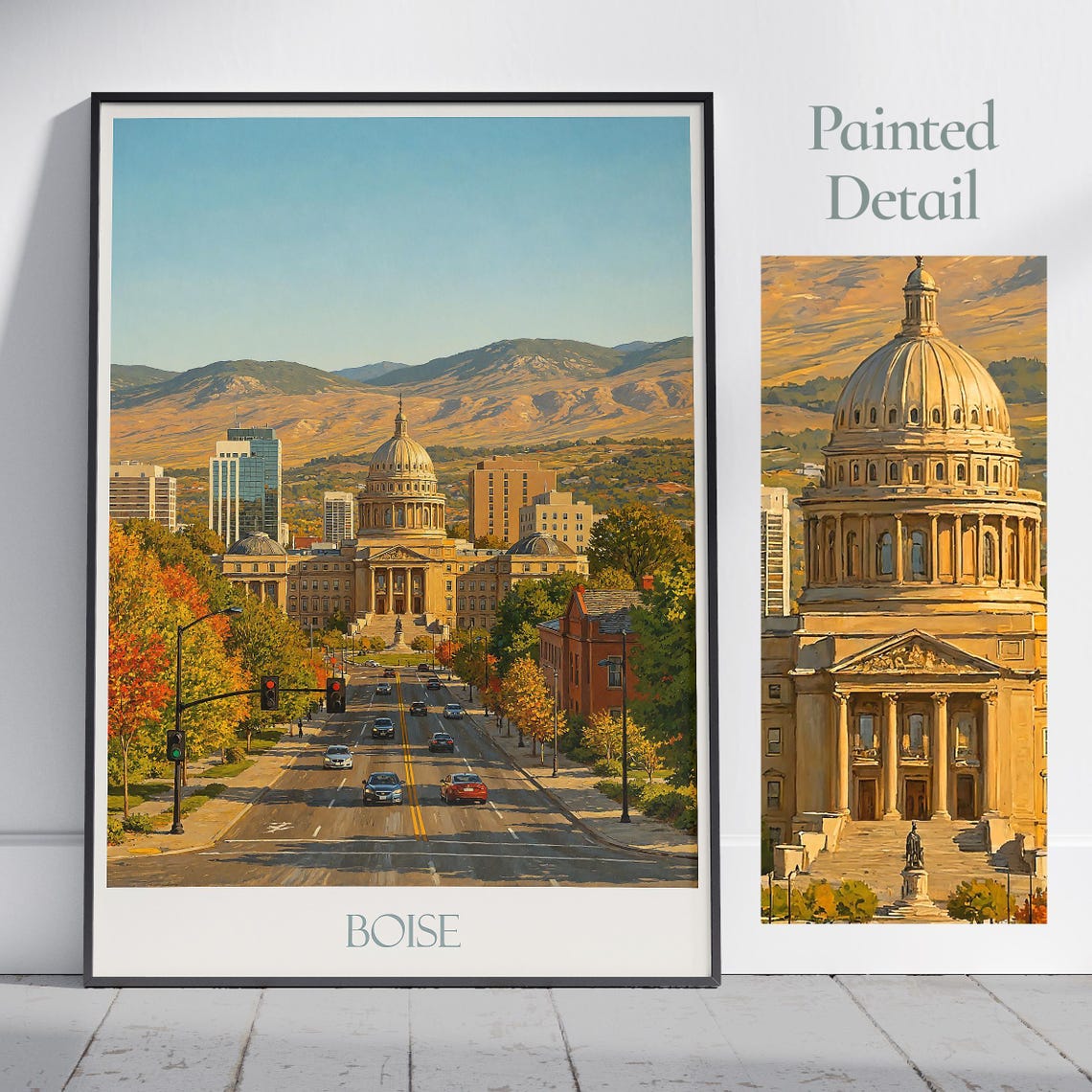 Boise Idaho State Capitol Autumn Skyline Vintage Travel Poster