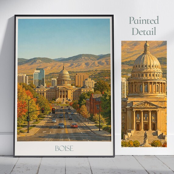 Boise Idaho State Capitol Autumn Skyline Vintage Travel Poster