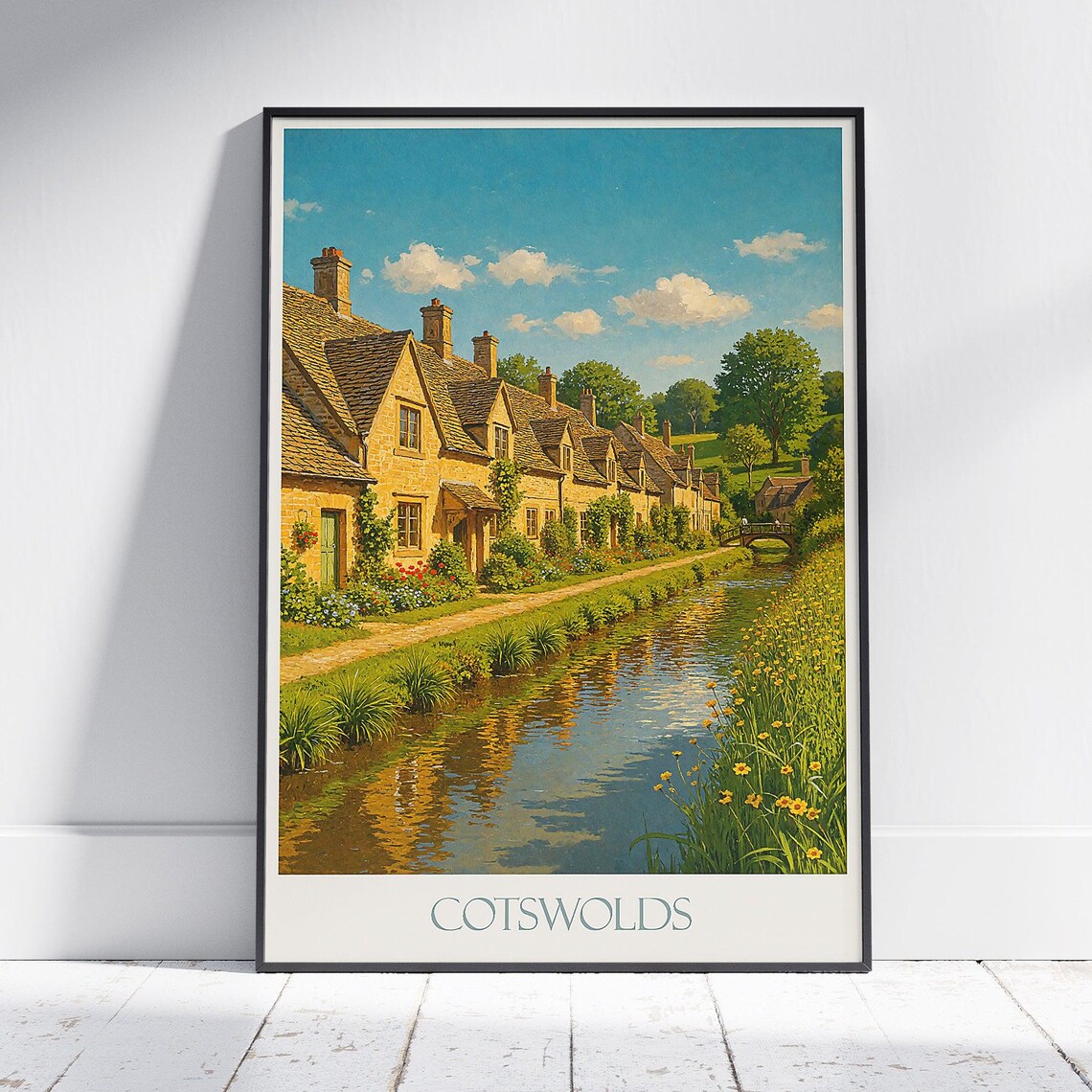 Cotswolds Bibury Stone Cottages Stream Village Vintage Travel Poster