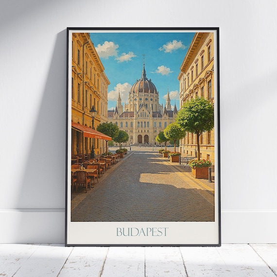 Budapest Hungary Parliament Building Cobblestone Street Travel Poster
