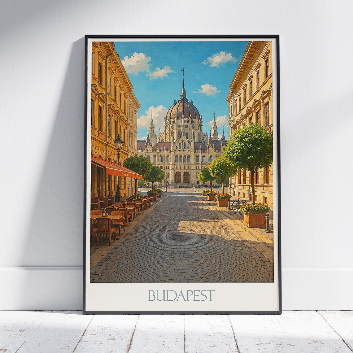 Budapest Hungary Parliament Building Cobblestone Street Travel Poster