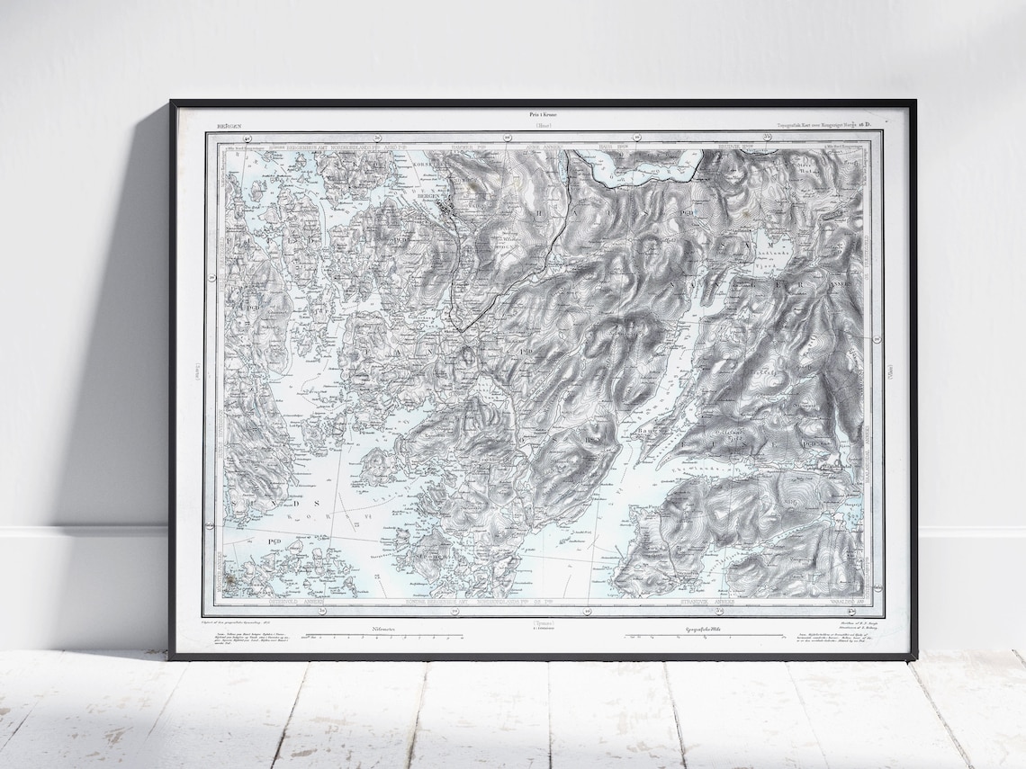 Bergen Norway Vintage Map Print Antique Topographic Atlas Art