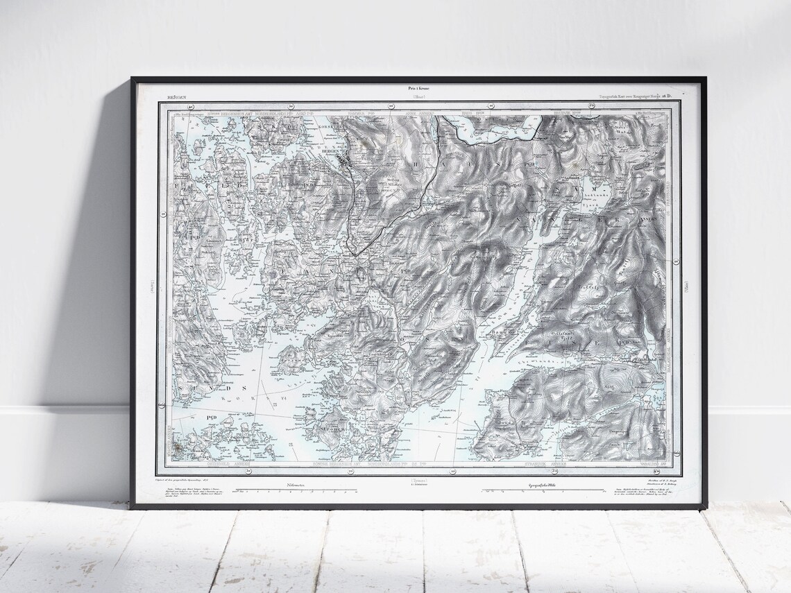 Bergen Norway Vintage Style Map Atlas Print Poster Wall Art Decor