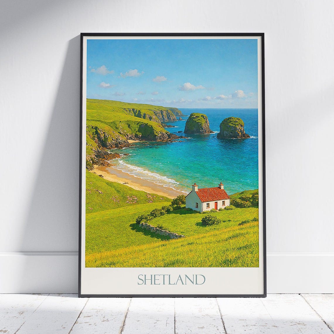Shetland Coastal Cottage Cliffs Turquoise Sea Travel Poster Scotland