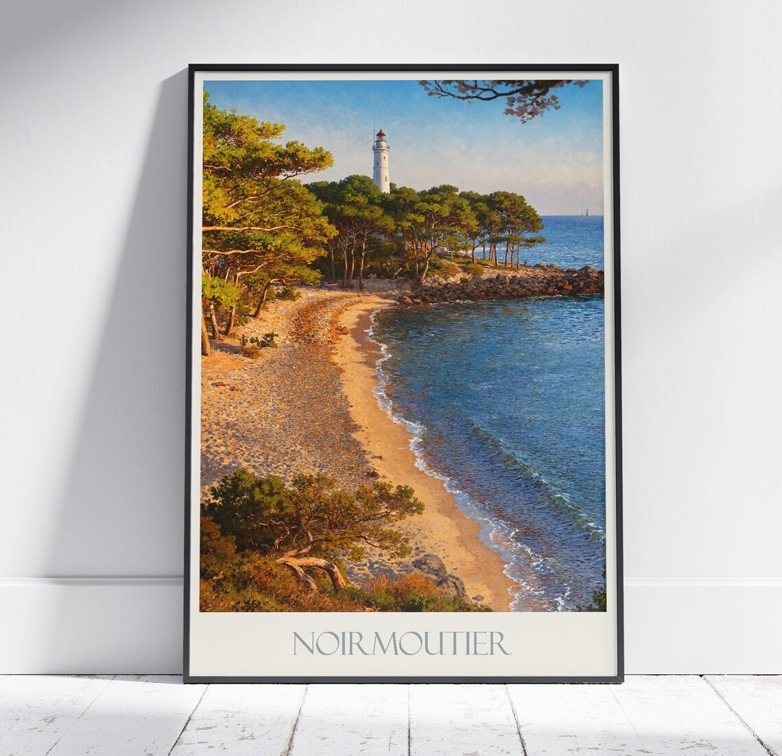 Noirmoutier France Lighthouse Beach Pines Painted Travel Poster