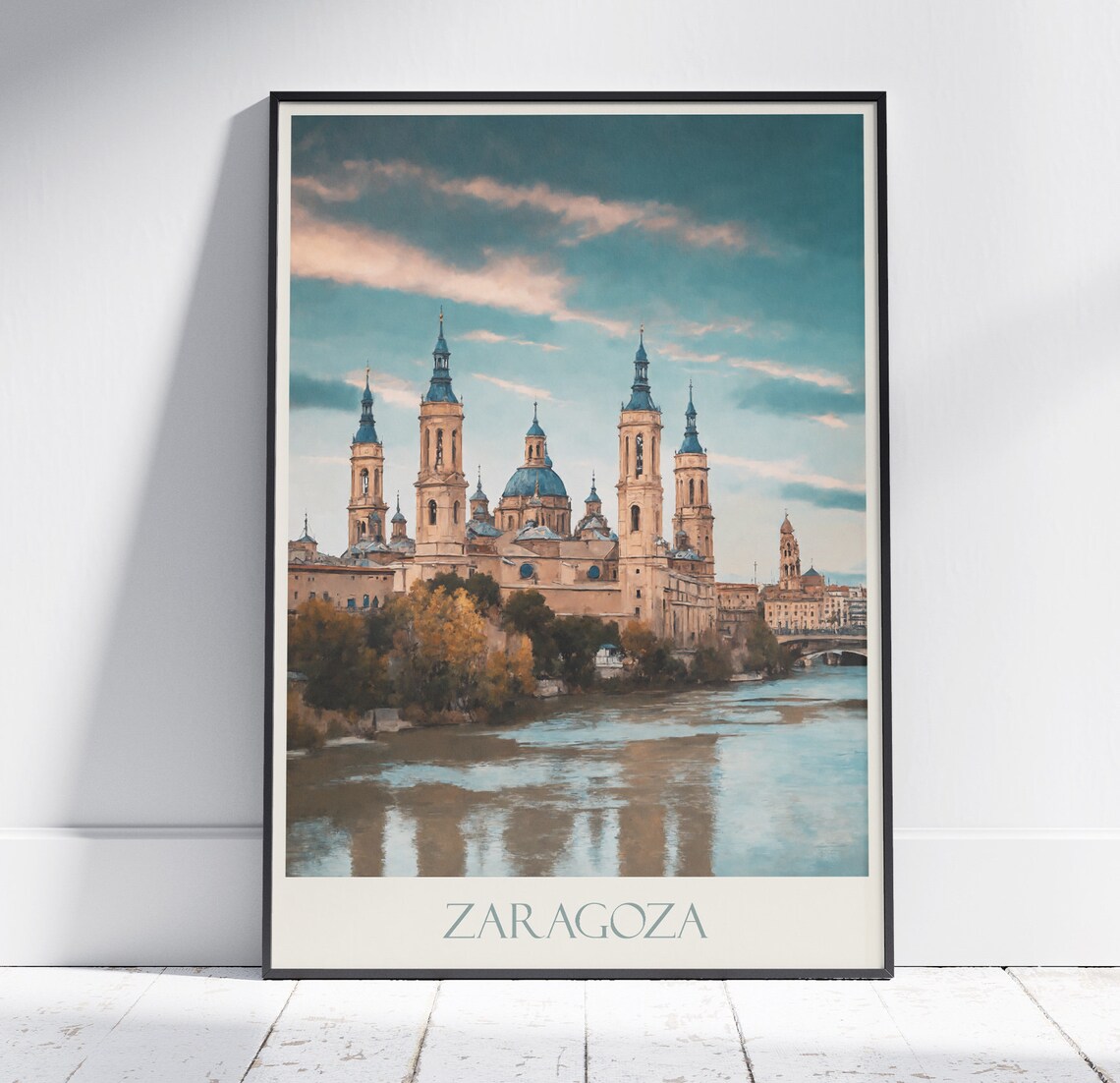Zaragoza Spain El Pilar Basilica Ebro River Vintage Travel Poster