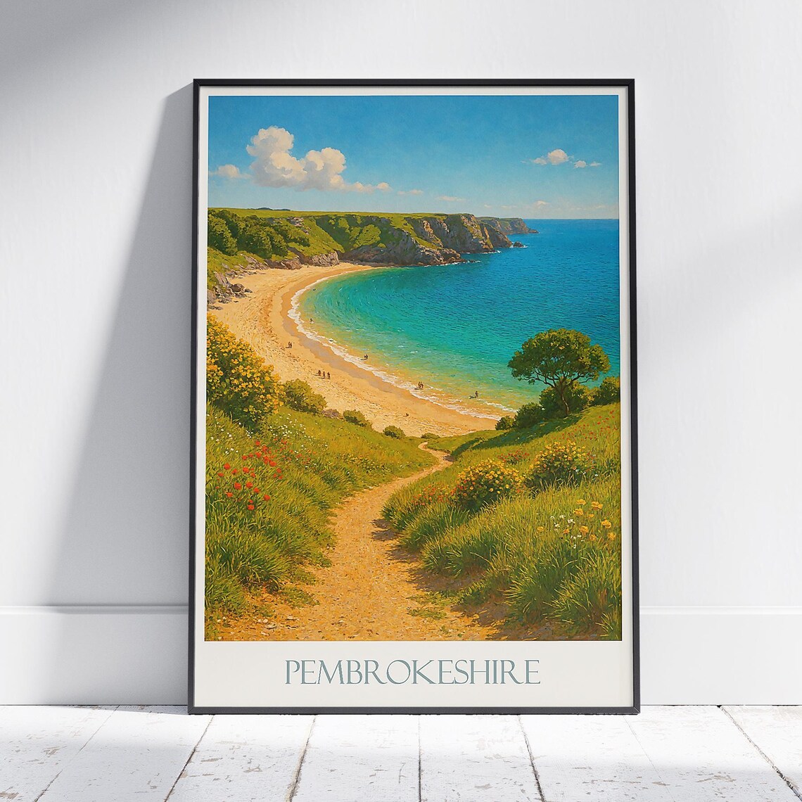 Pembrokeshire Wales Barafundle Bay Clifftop Beach Travel Poster