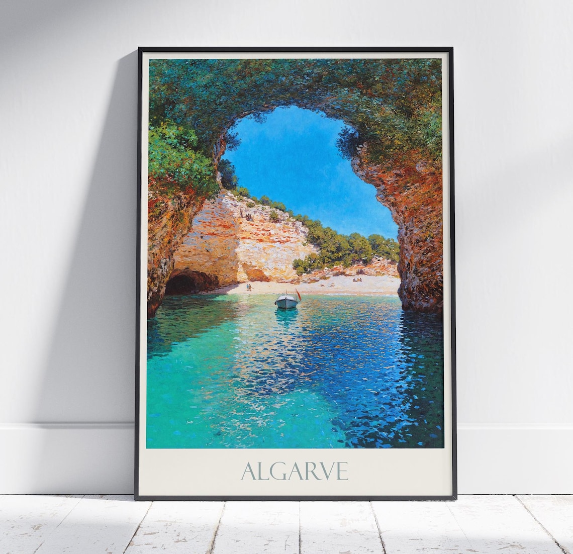 Algarve Rock Arch Cove Painted Boat On Turquoise Waters Poster