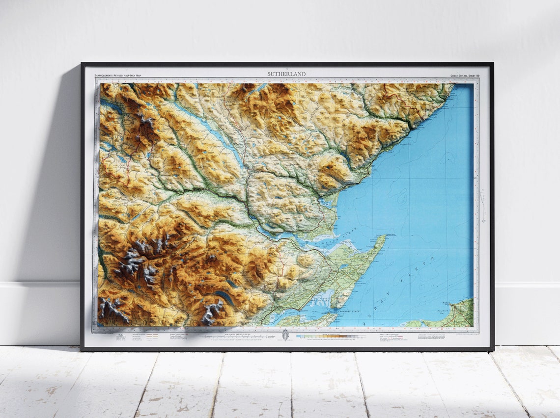 Sutherland Scotland Vintage Shaded Relief Highlands Map Wall Poster