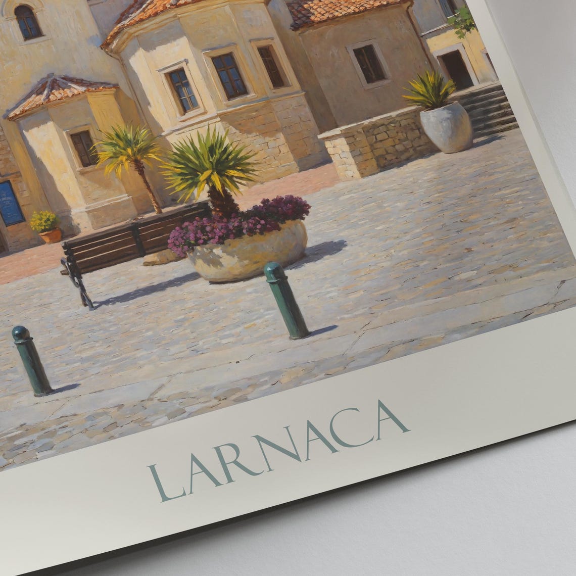 Larnaca Cyprus Church Plaza Bell Tower Painted Travel Poster - Image 2