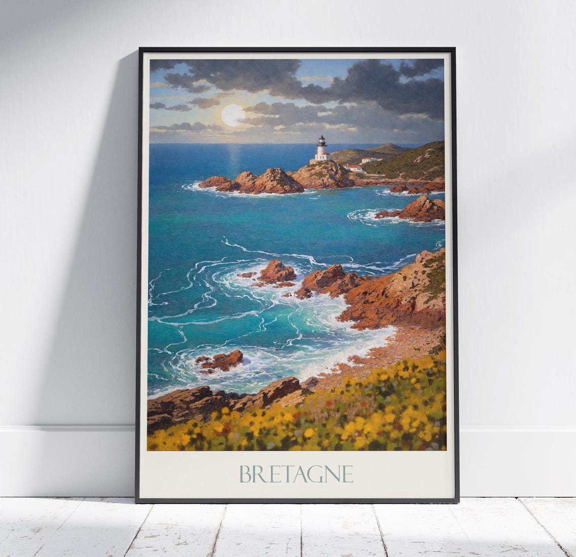 Bretagne France Rocky Lighthouse Coast at Sunset Travel Art Poster