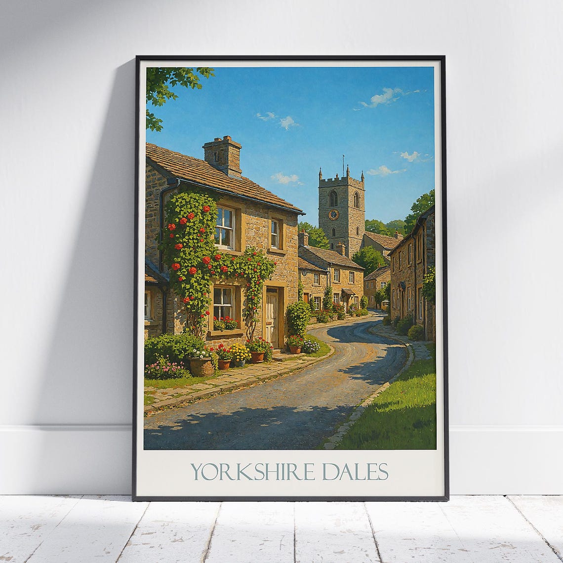 Yorkshire Dales Village Travel Poster Stone Cottage Church Print Quaint Street Art Uk Floral Charm