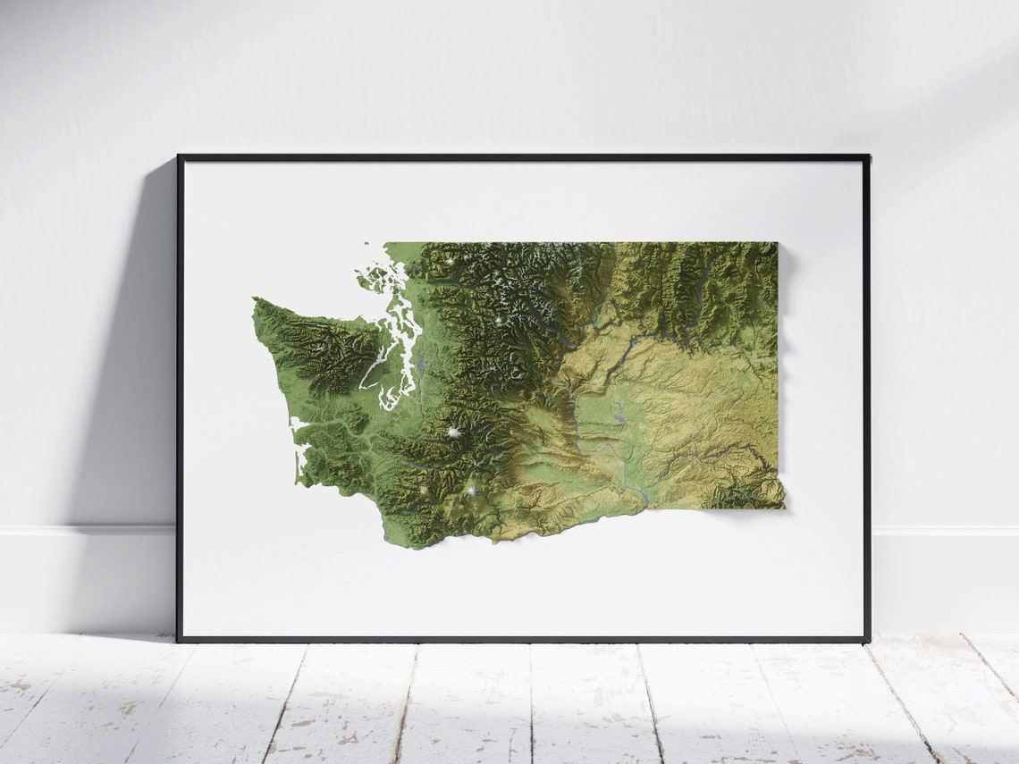Washington State Aerial Green 3D Topographic Terrain Map Poster