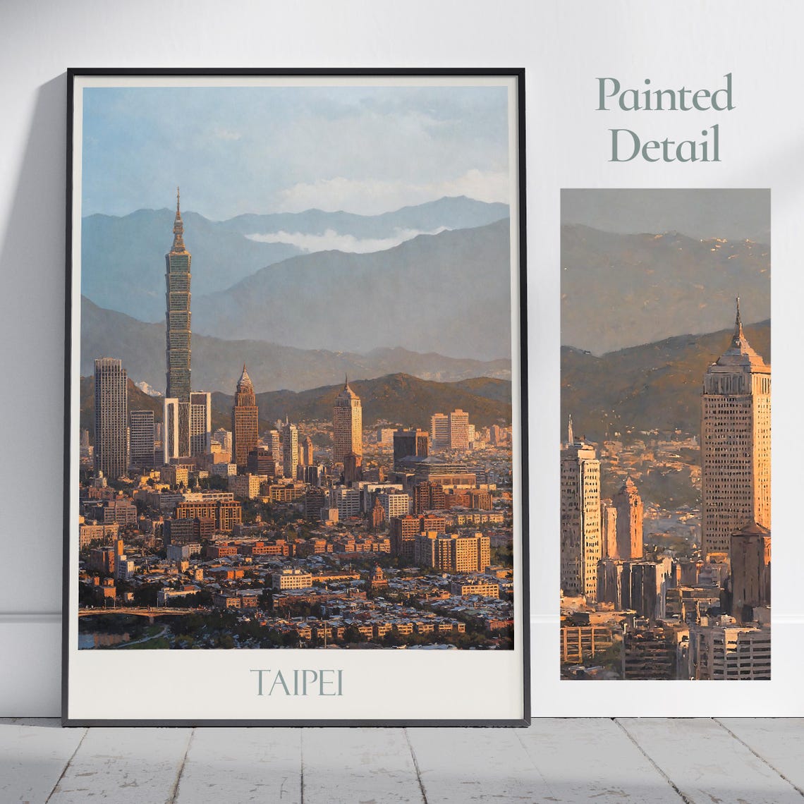 Taipei Taiwan 101 Tower Skyline Mountain Sunset Painted City Poster