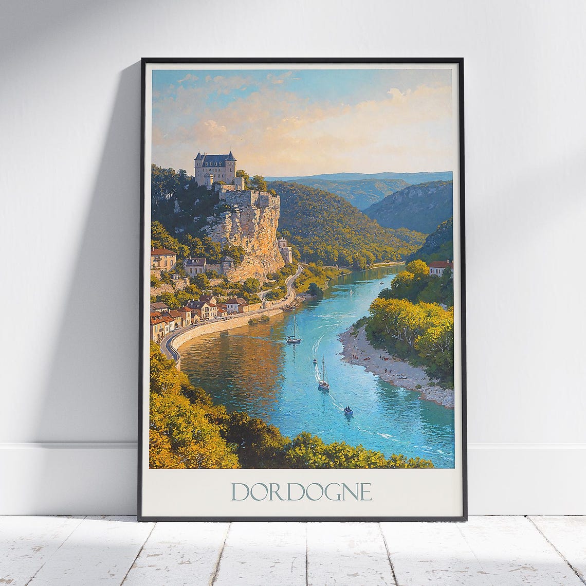 Dordogne France Cliffside Castle River Valley Travel Art Poster