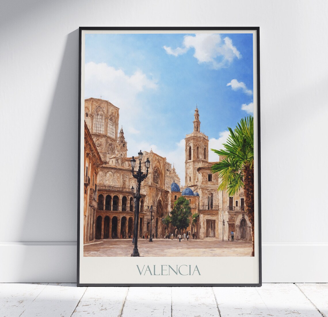 Valencia Spain Cathedral Plaza Sunny Palm Painted Travel Poster