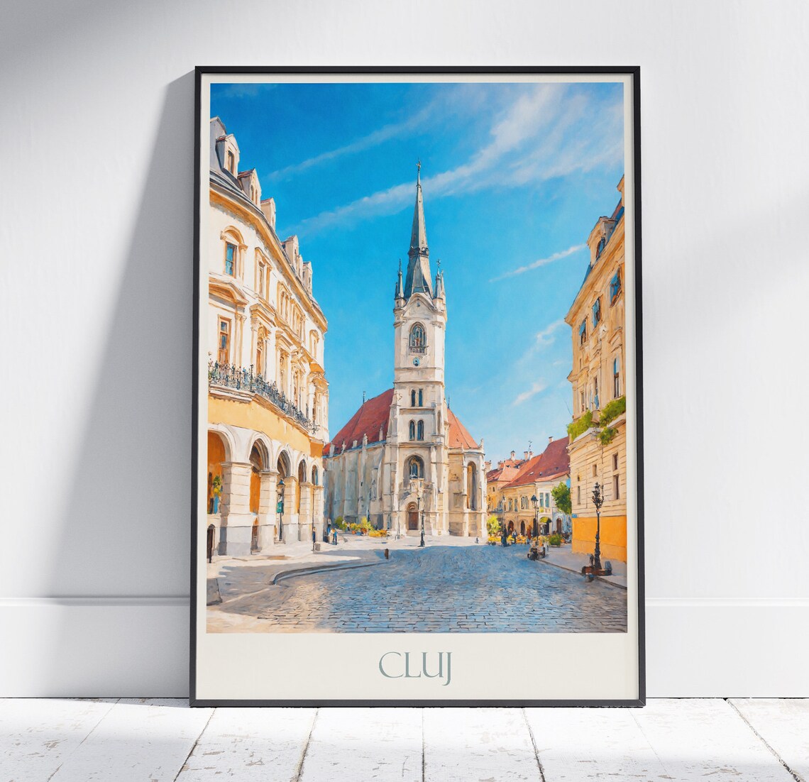 Cluj St Michael's Church Painted Historic Old Town Street Scene Poster