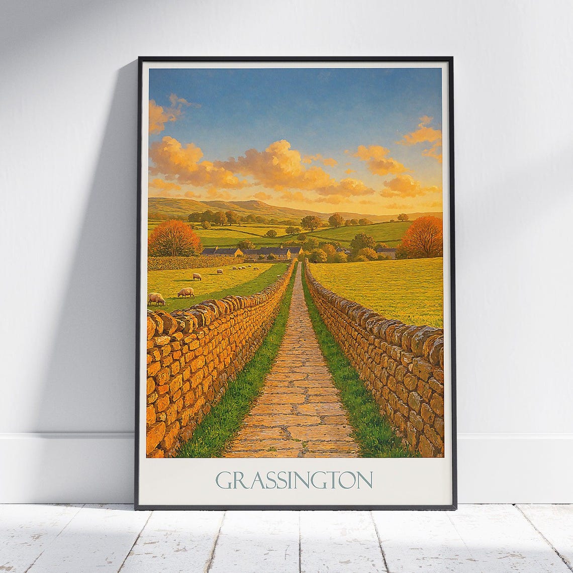 Grassington Yorkshire Dales Dry Stone Path Sunset Travel Poster