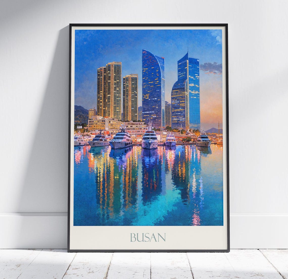 Busan Harbor Night Skyline With Yacht Reflections Travel Poster
