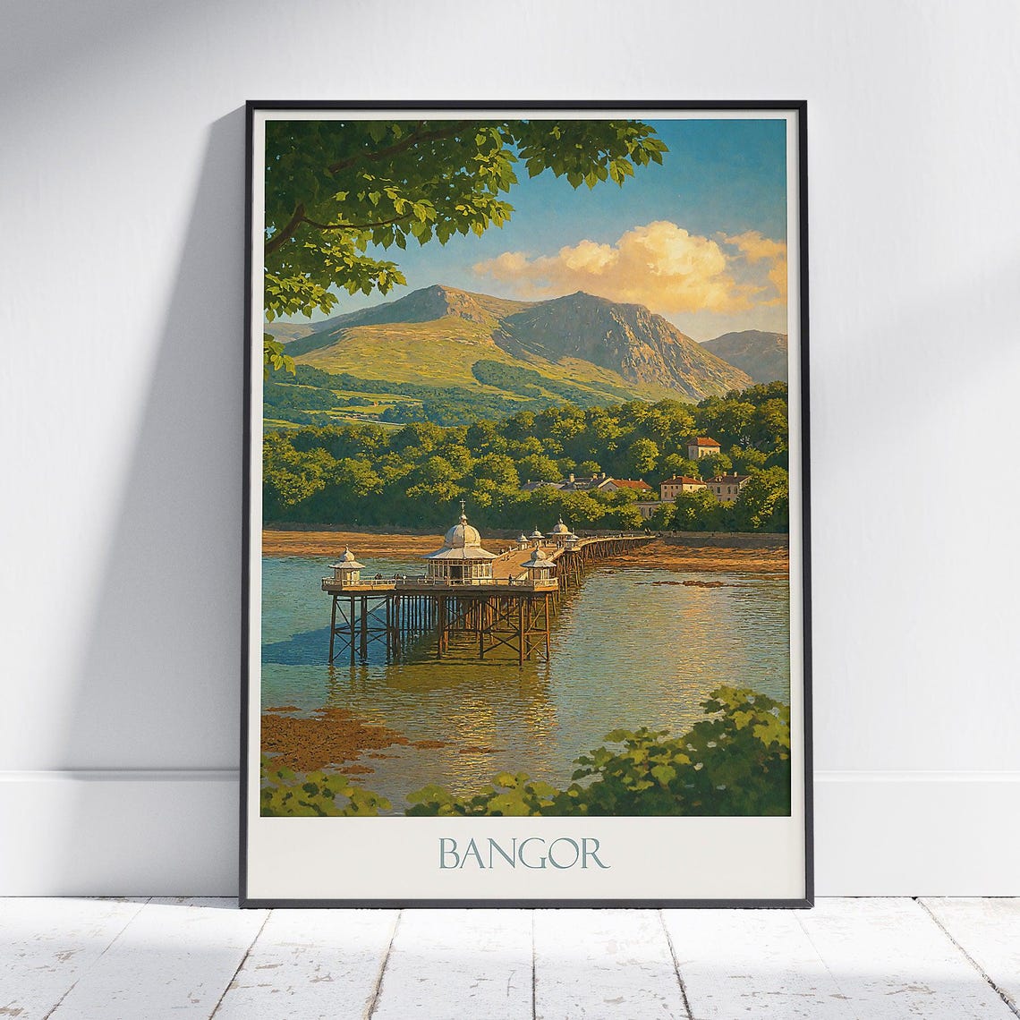 Bangor Victorian Pier Seafront Mountain View Vintage Wales Poster