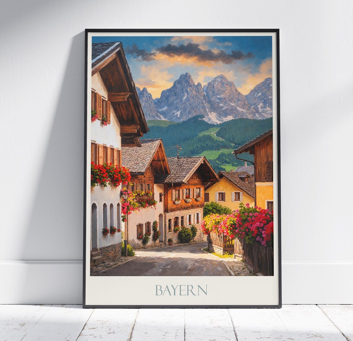 Bayern Germany Travel Poster Alpine Village Street with Mountains Art