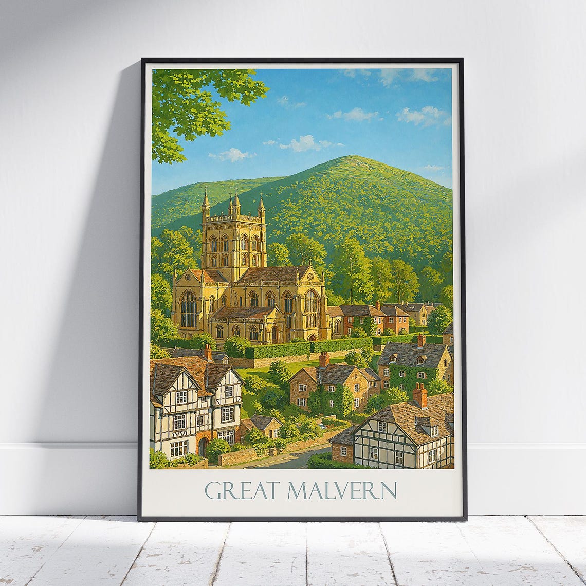 Great Malvern England Priory Church Hillside Vintage Travel Poster