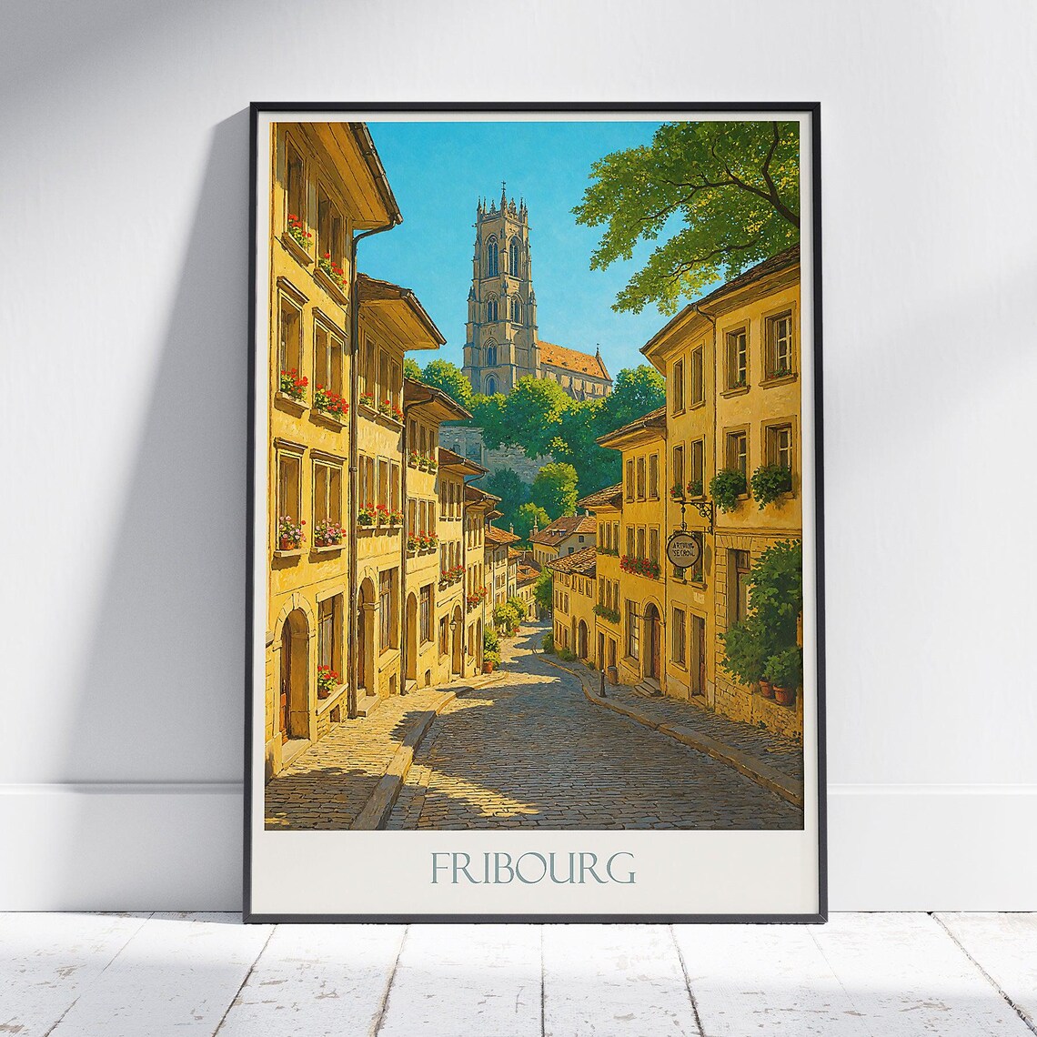 Sunny Fribourg Switzerland Old Town Street Cathedral View Poster