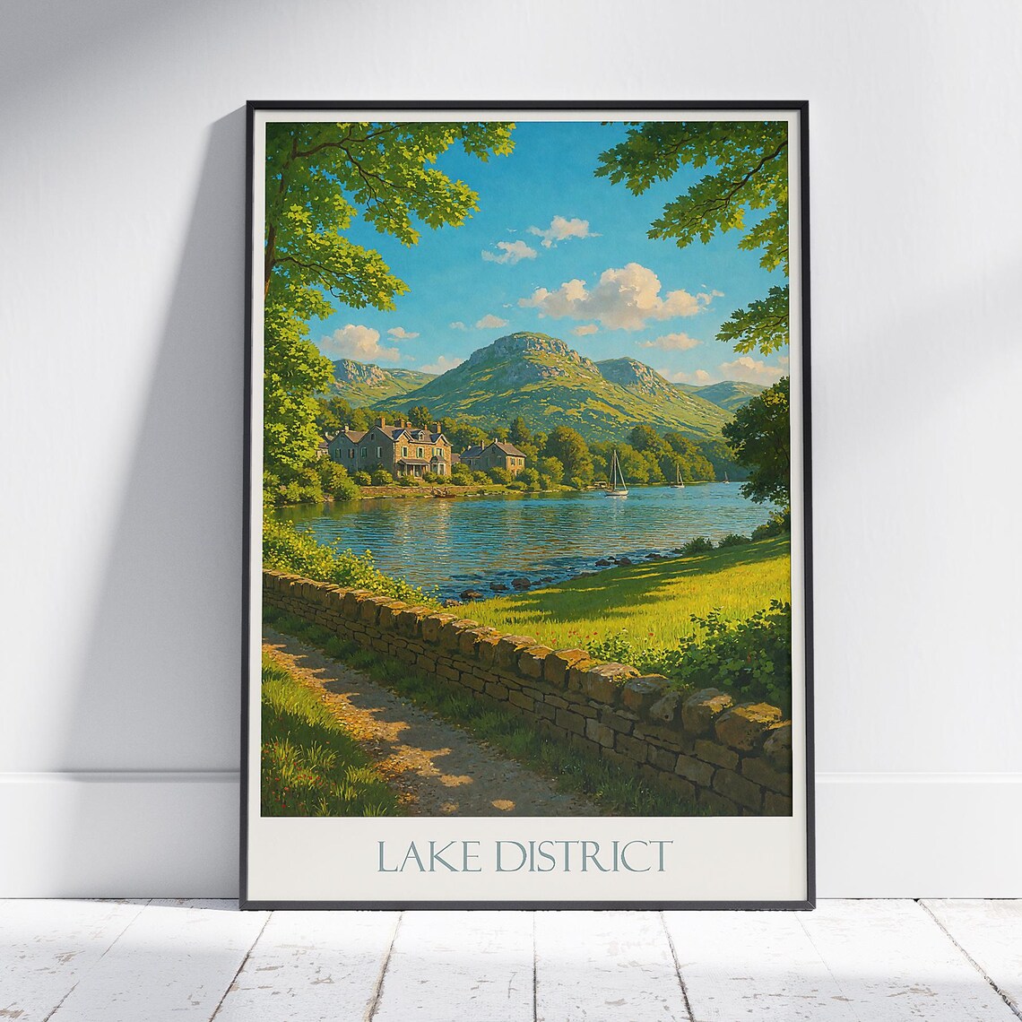 Lake District Sailing Boats on the Lake by Stone Wall Poster
