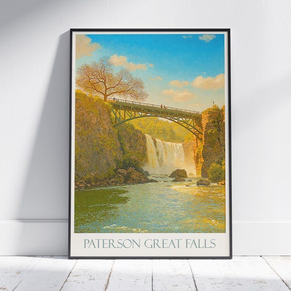 Paterson Falls Travel Poster Great New Jersey Art Vintage Style Usa Waterfall Print Historic Landmark Wall Decor
