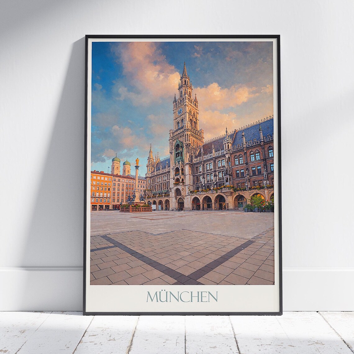 Munich Germany Painted Travel Poster Marienplatz City Hall Vintage Art