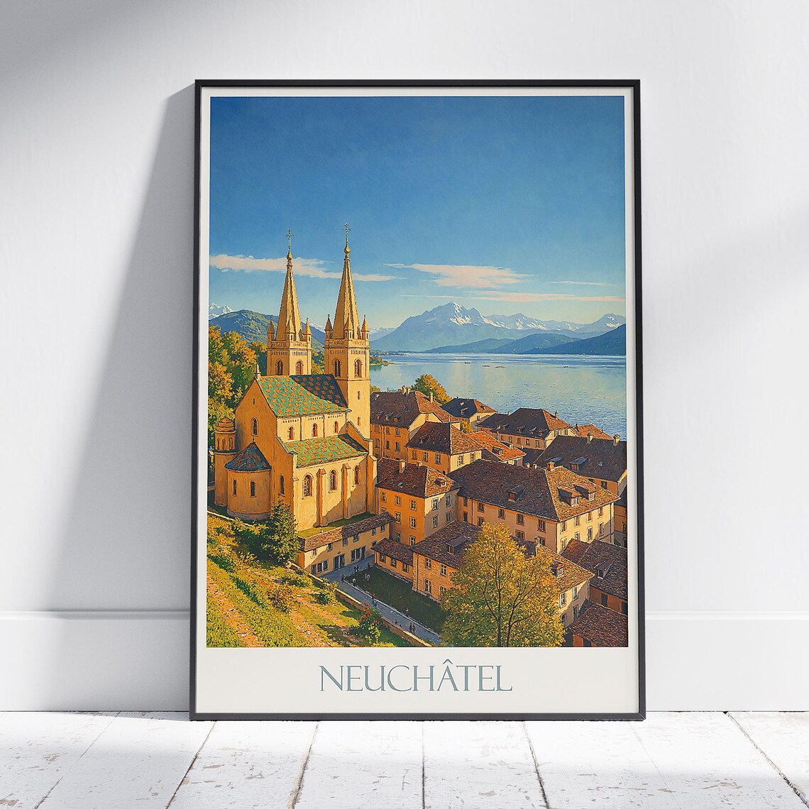 Neuchatel Switzerland Lakeside Old Town Church Spires Travel Poster