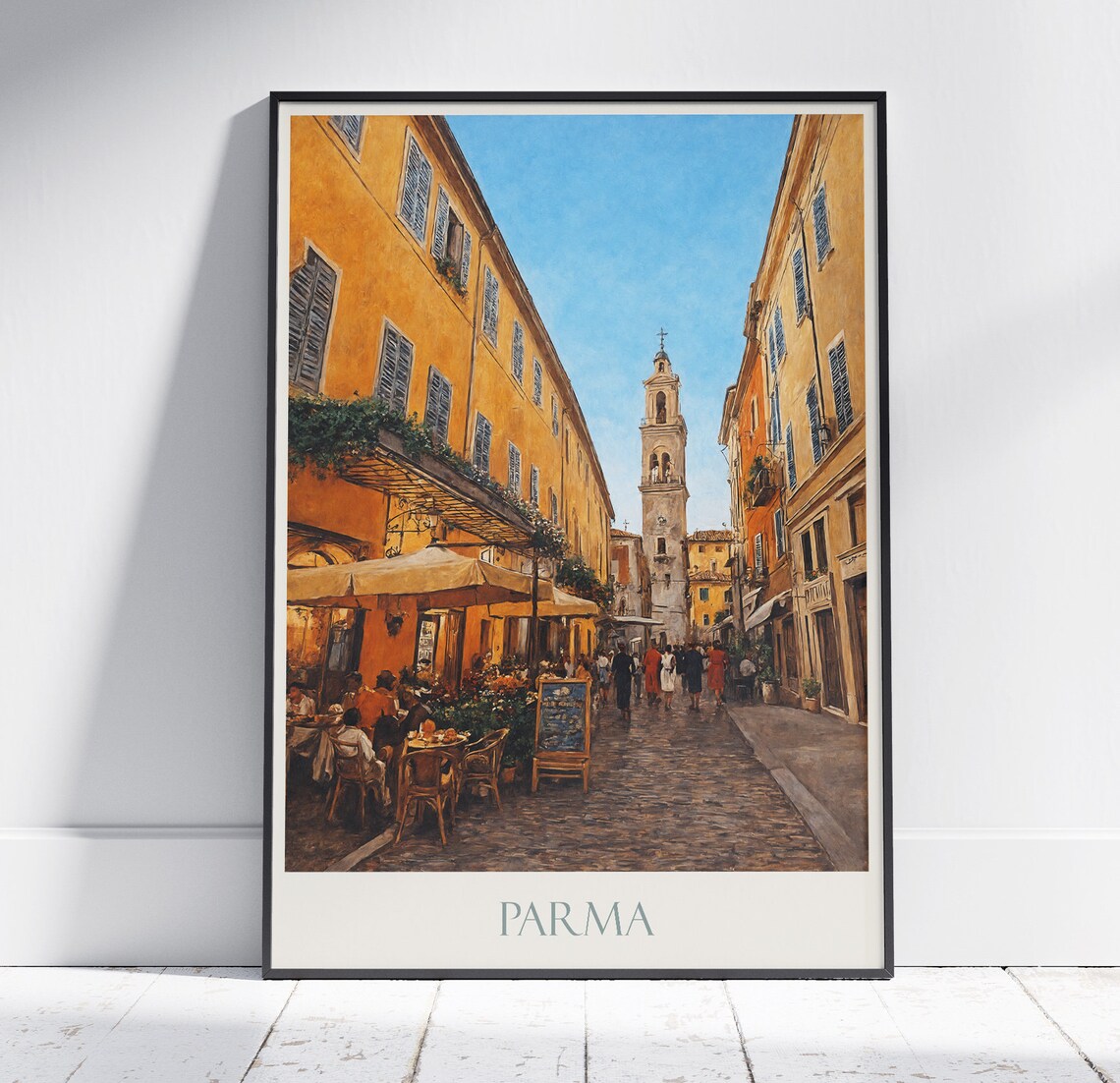 Parma Italy Historic Street Cafes and Bell Tower Travel Poster