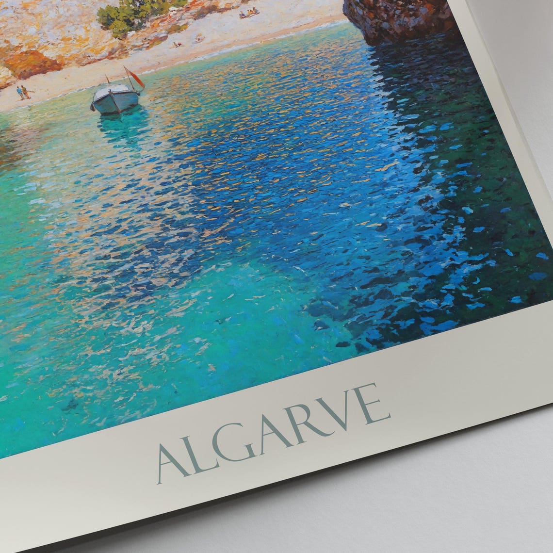 Algarve Rock Arch Cove Painted Boat On Turquoise Waters Poster - Image 3