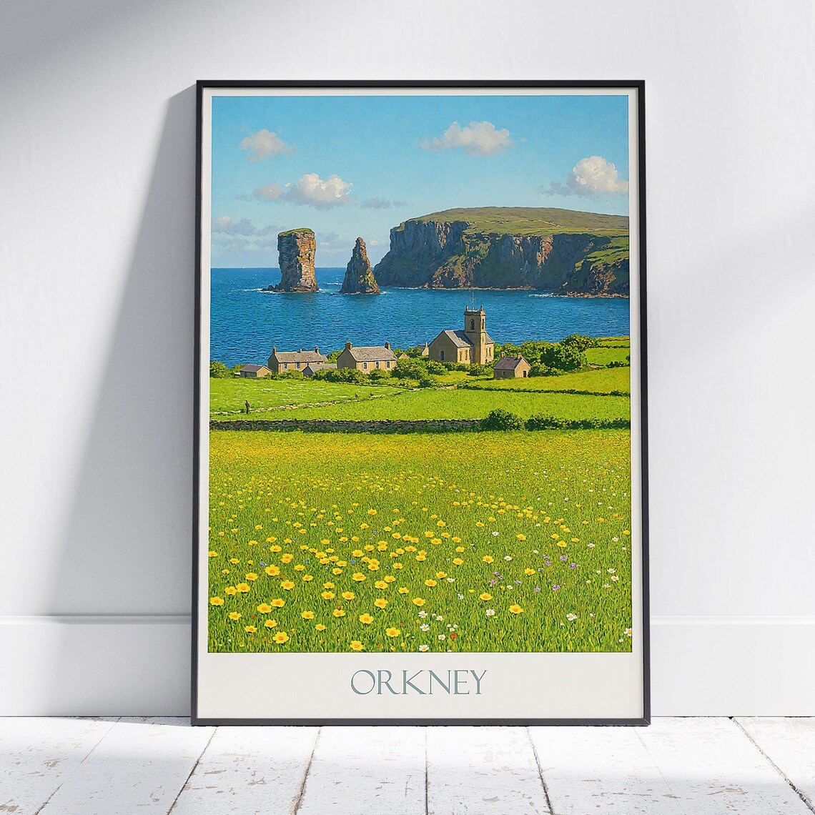 Orkney Scotland Coastal Cliffs Sea Stacks Meadow Travel Poster