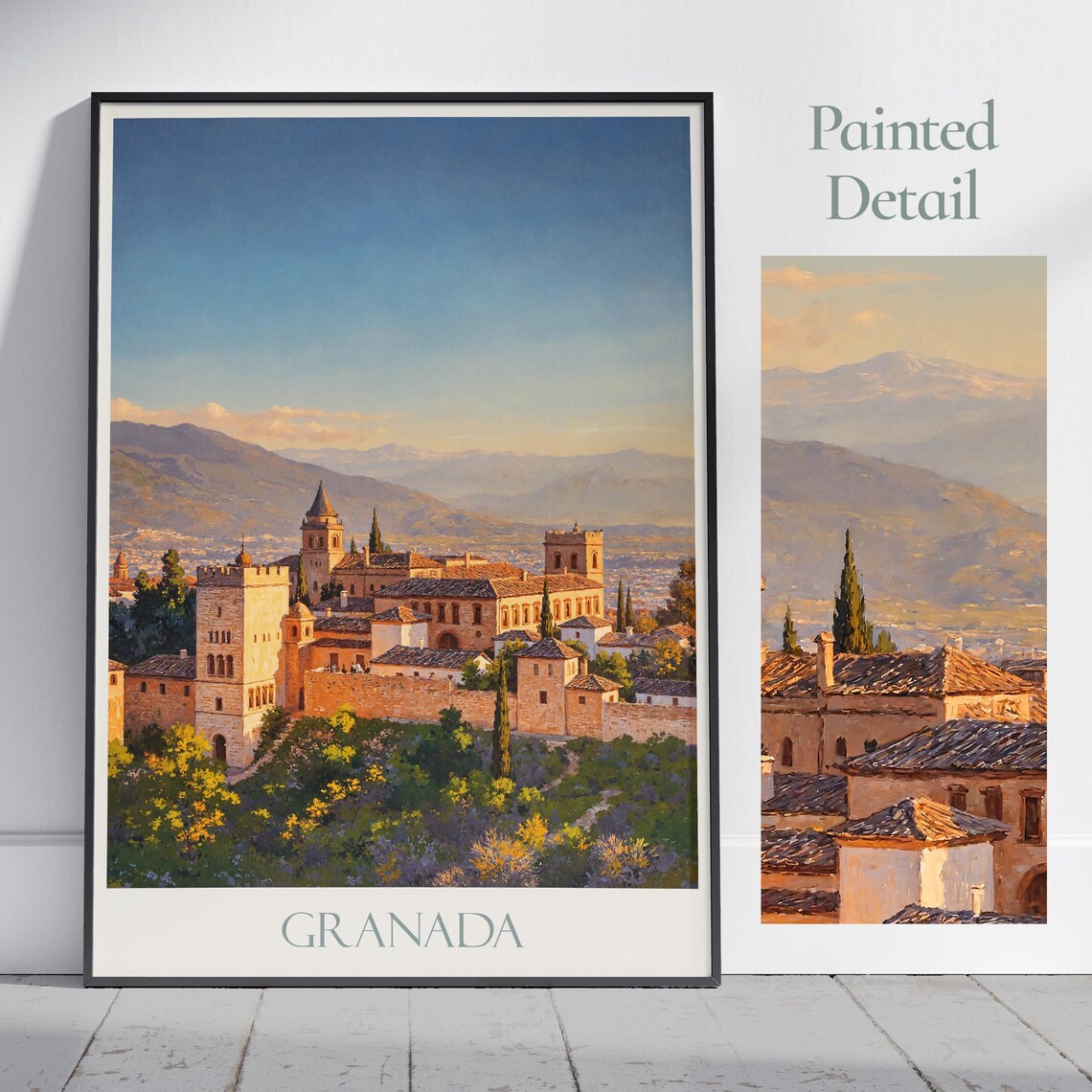 Granada Spain Alhambra Fortress Palace Sunset Painted Travel Poster