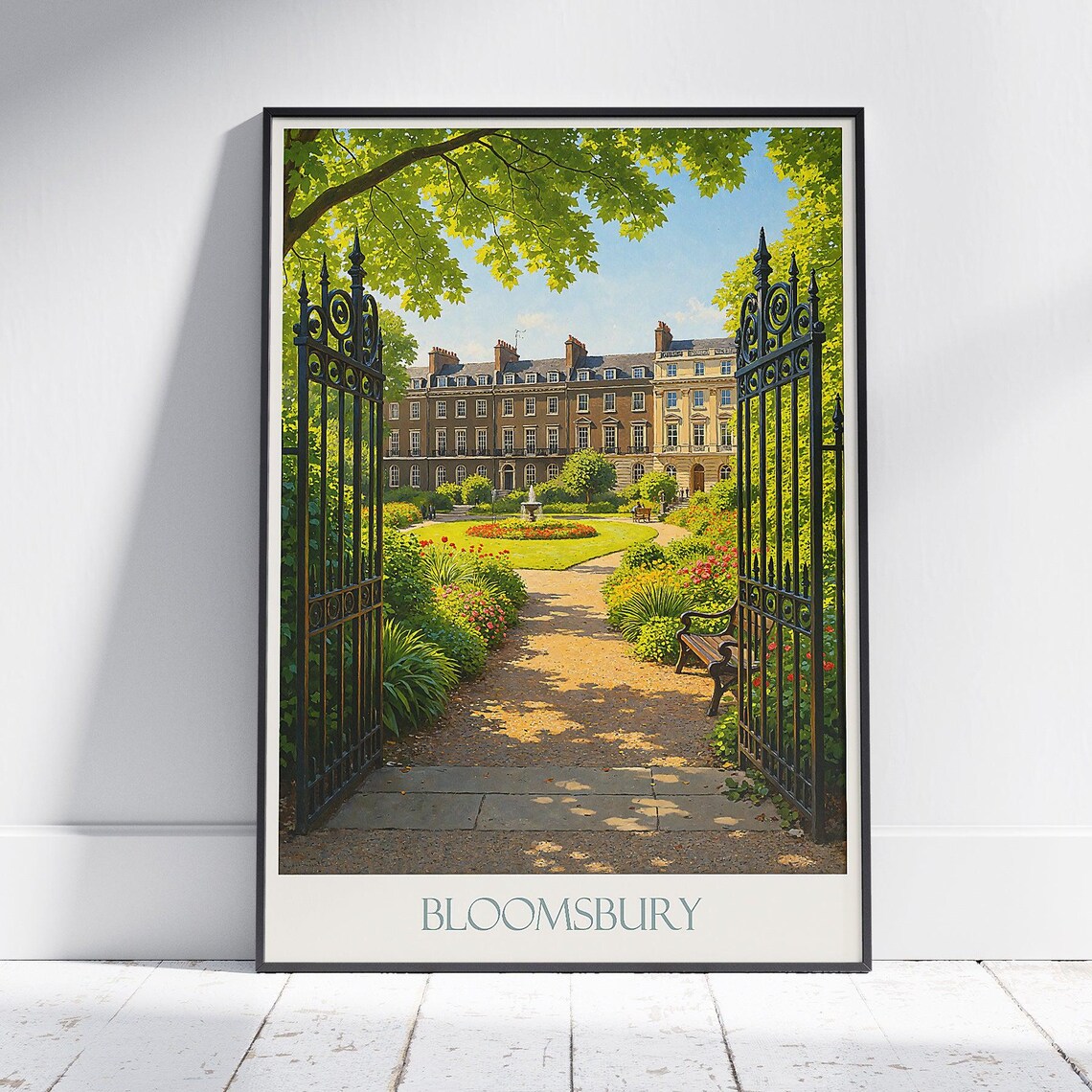 Bloomsbury London Travel Poster Sunlit Garden Square Gates British Heritage