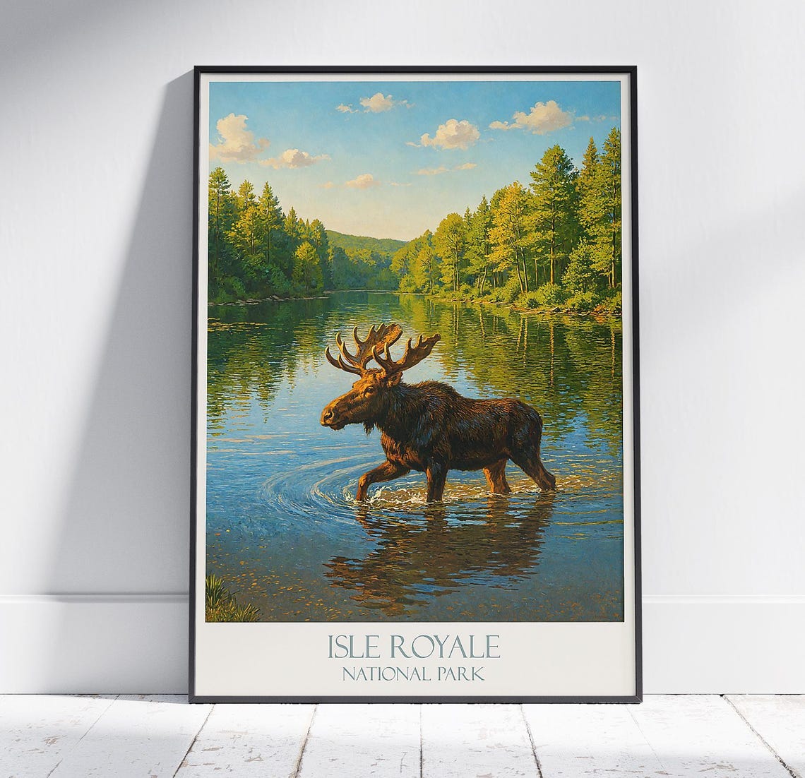 Isle Royale National Park Moose Wading Lake Wildlife Travel Poster