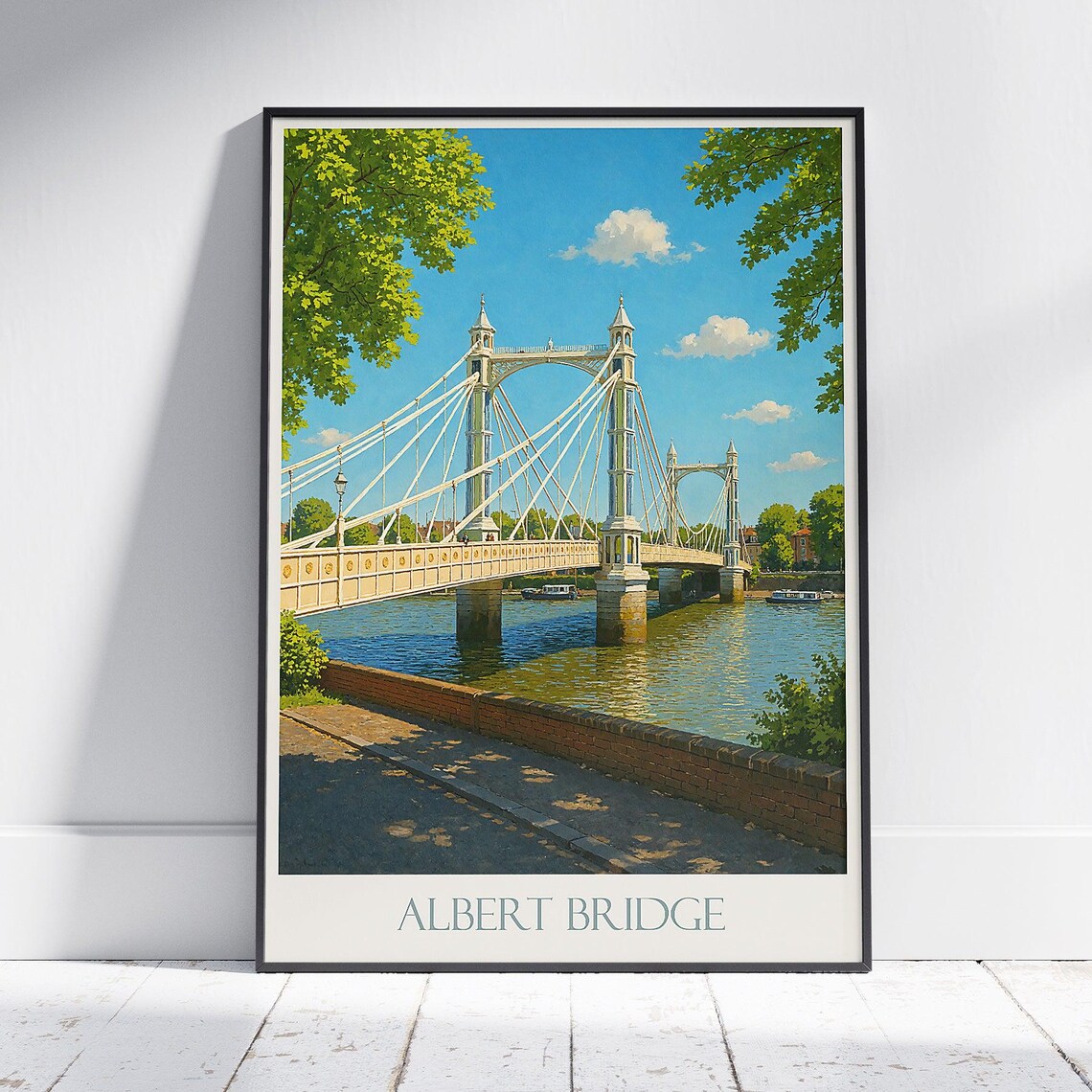 Albert Bridge London Thames Suspension Bridge Sunny Travel Poster
