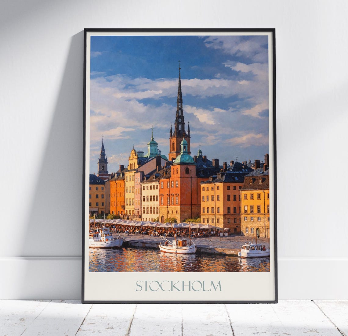 Stockholm Sweden Gamla Stan Harbor Boats Painted Travel Poster