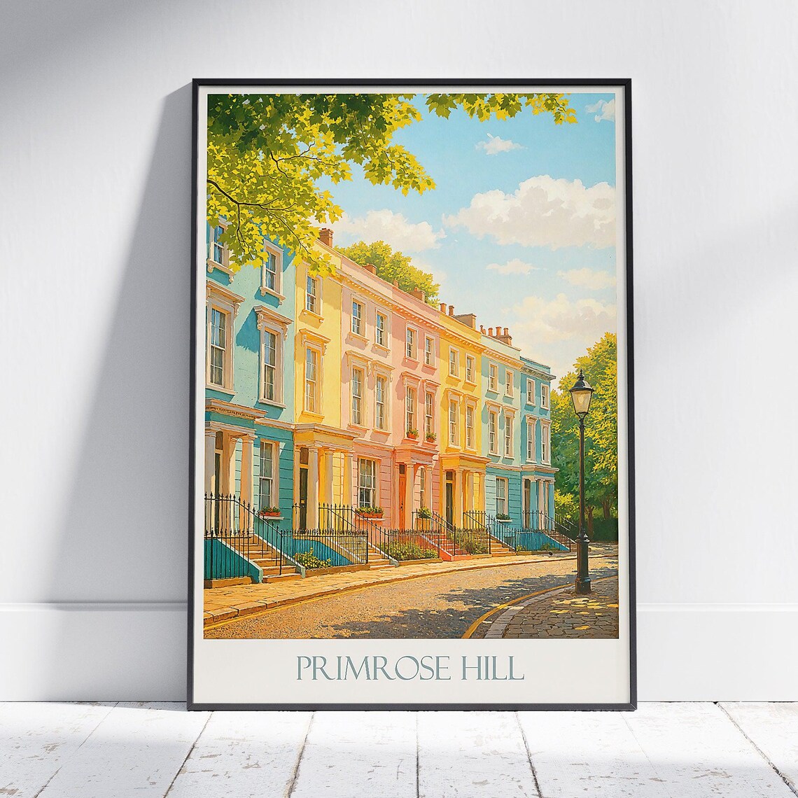 Primrose Hill London Travel Poster Pastel Terraced Houses Sunny Street View
