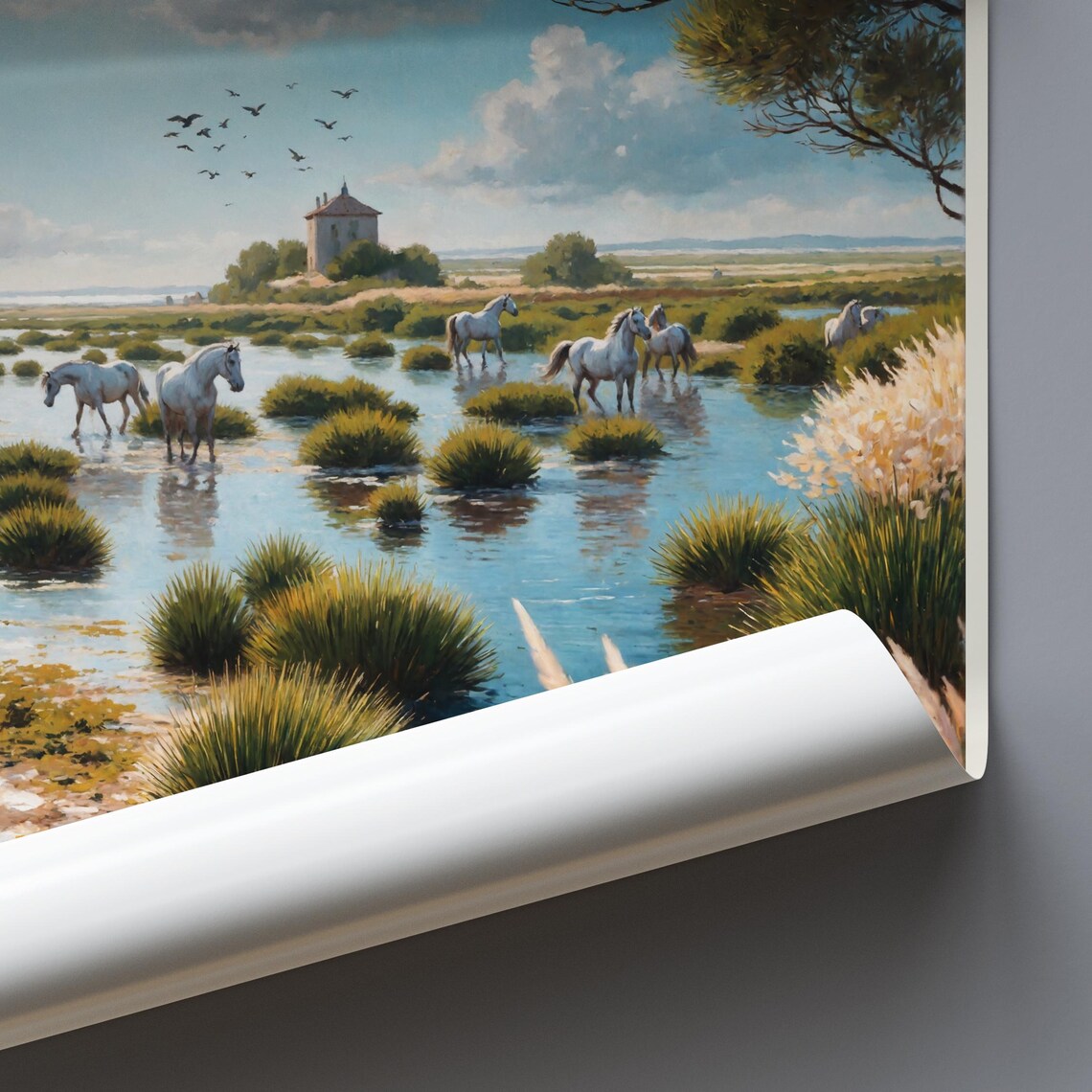 Camargue France White Horses Wetlands Painted Wildlife Nature Poster - Image 3